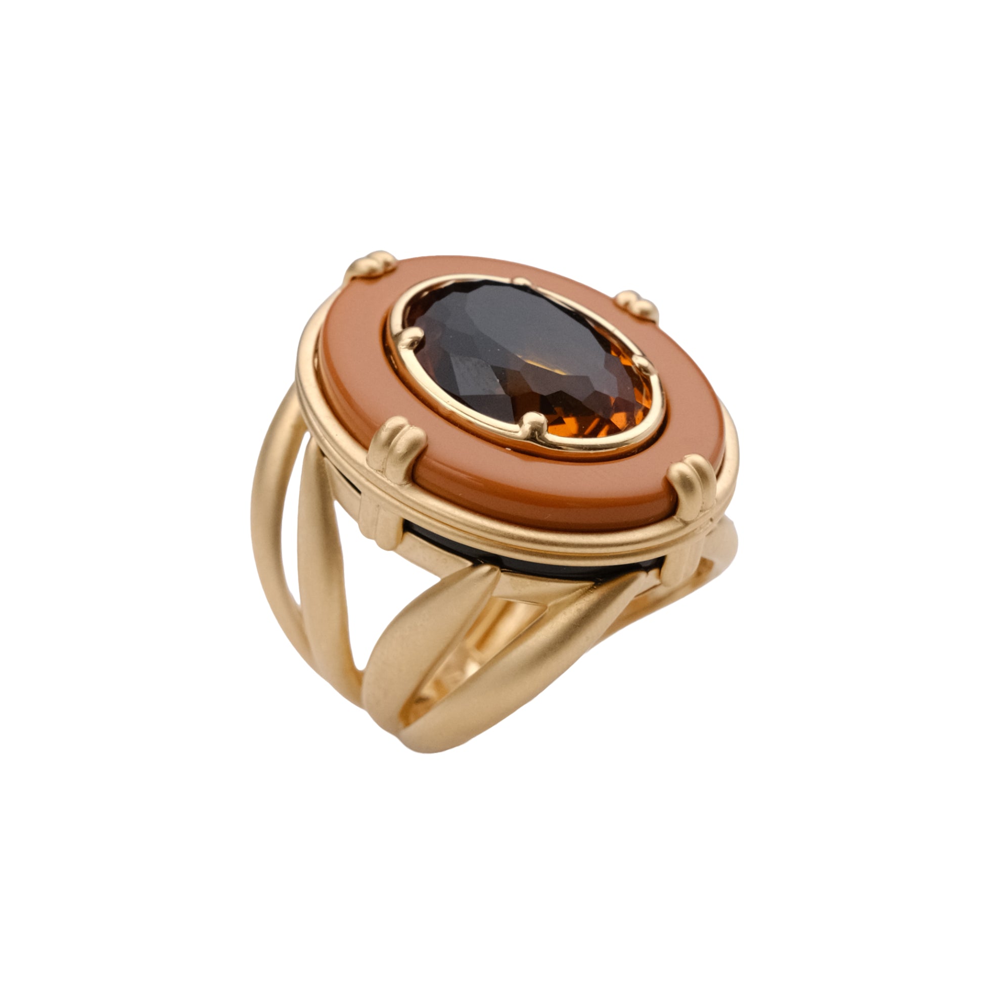 Orange Coral and Black carved Enamel Statement Ring