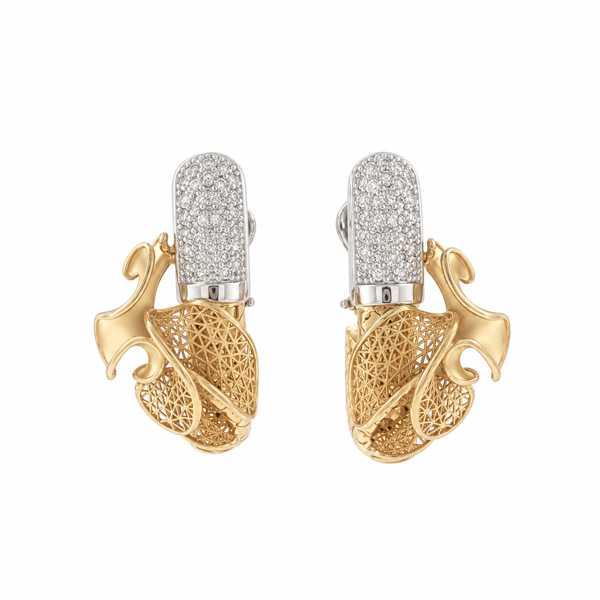 Diamond Pave and Sculptural Yellow Gold Clip-On Earrings