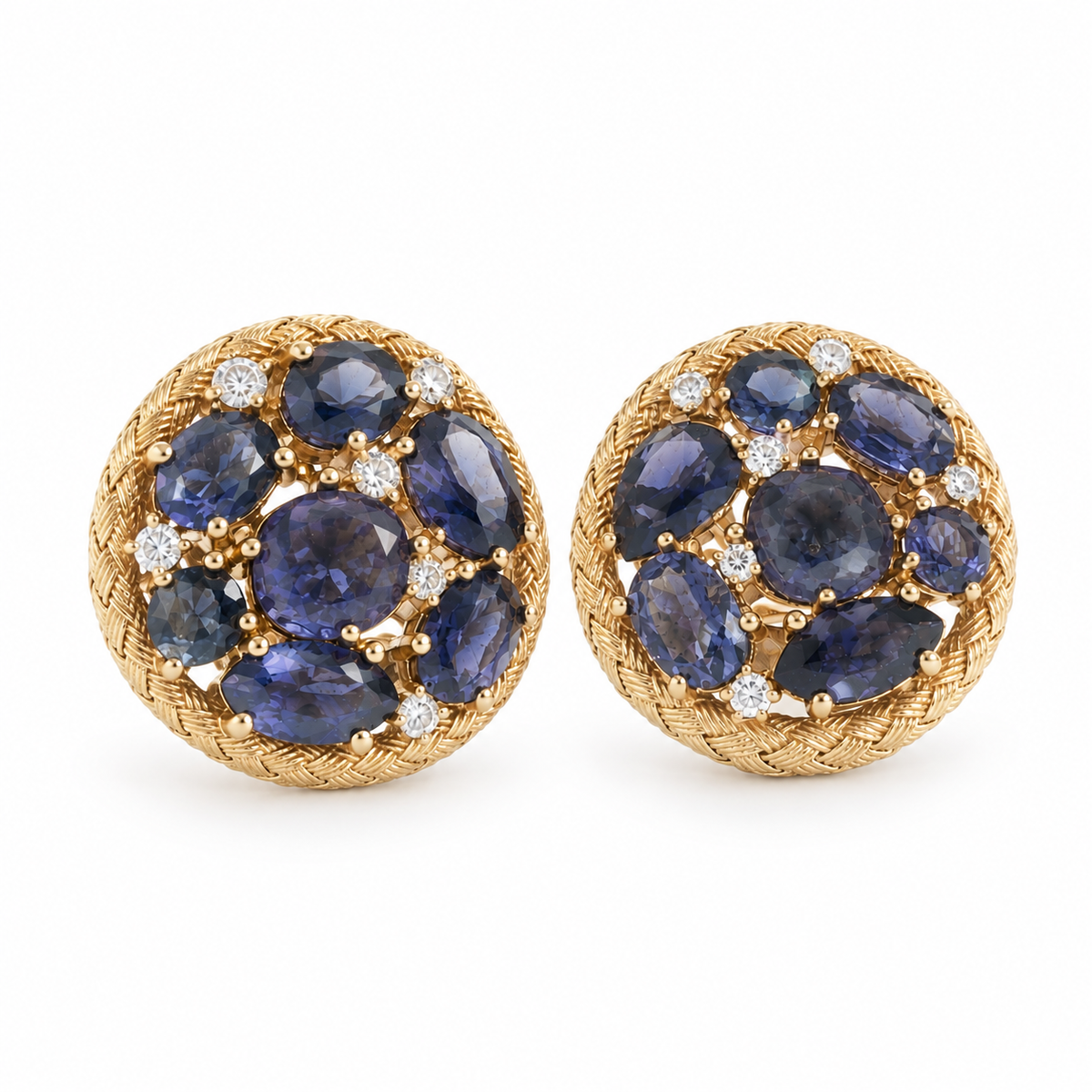 Deep Blue Iolite Cluster Earrings in Braided Yellow Gold