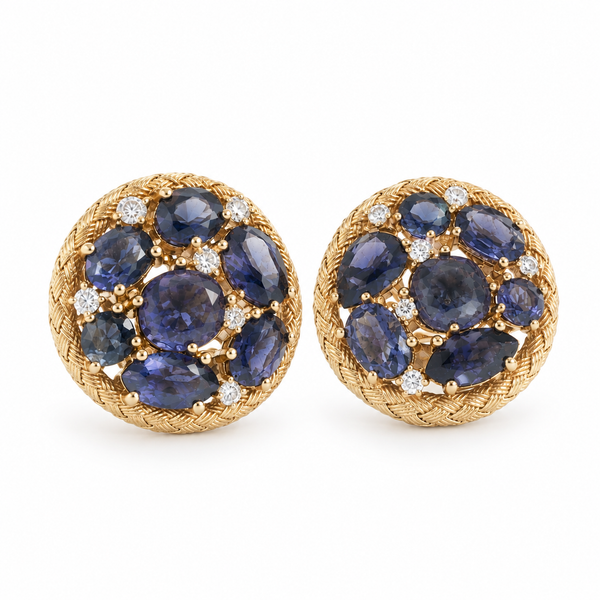 Deep Blue Iolite Cluster Earrings in Braided Yellow Gold