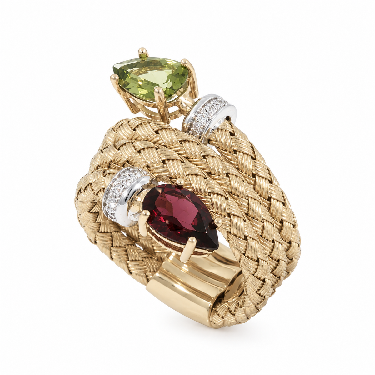 Woven Yellow Gold Bypass Cocktail Ring with Peridot and Garnet