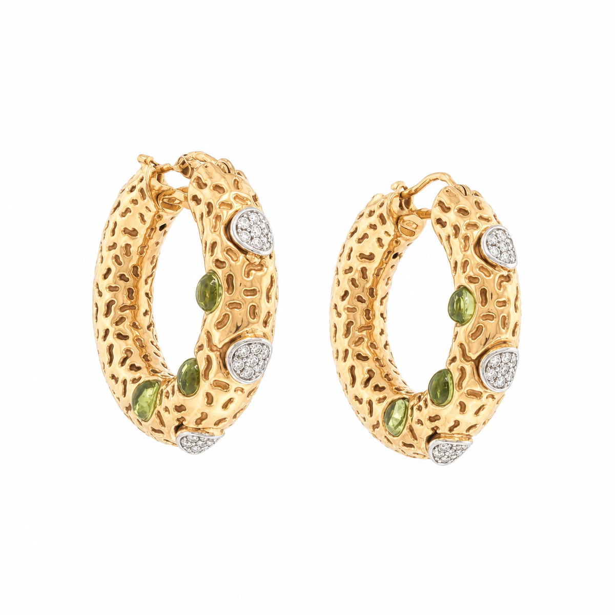 Textured Hoop Earrings with Cabochon Peridot and Diamonds